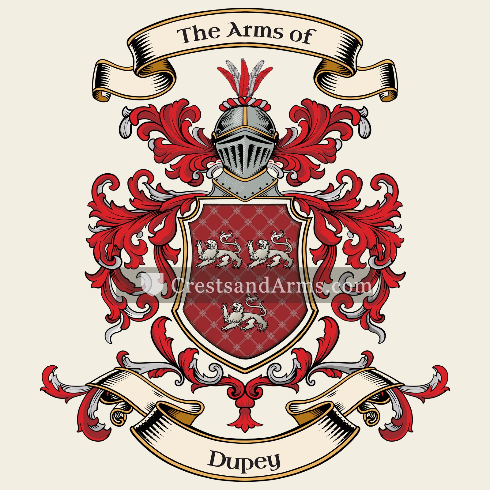The Dupey coat of arms, drawn from the recorded blazon