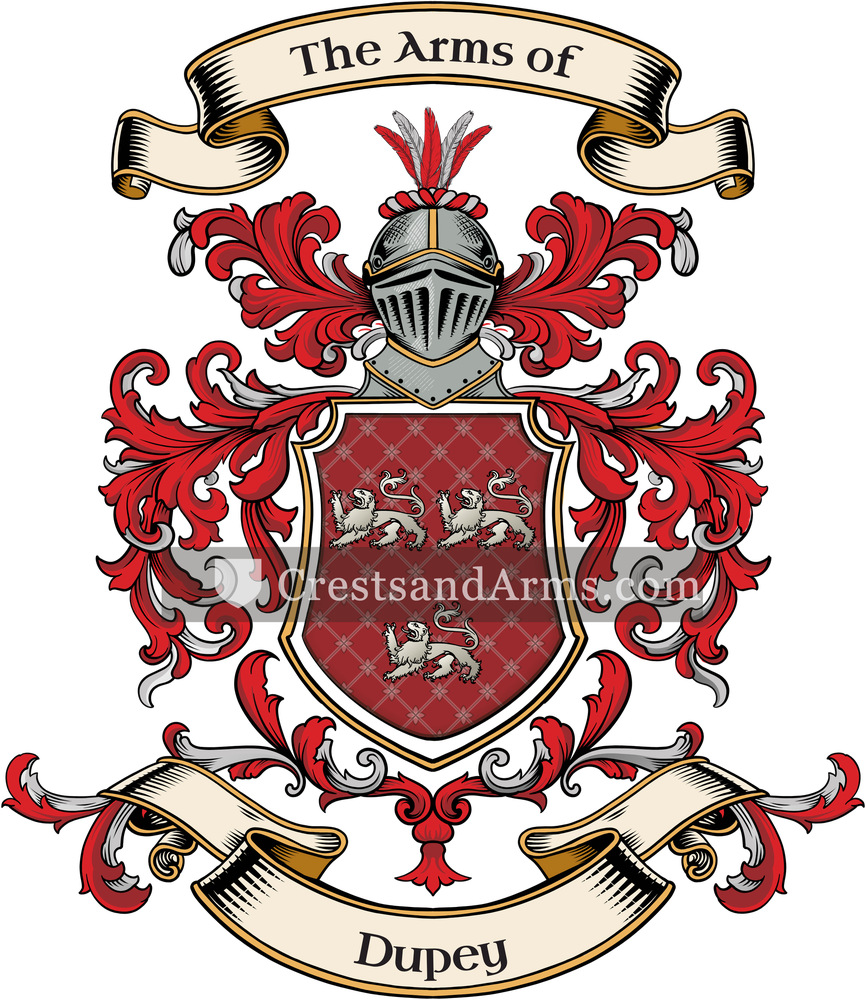 The Dupey coat of arms, drawn from the recorded blazon
