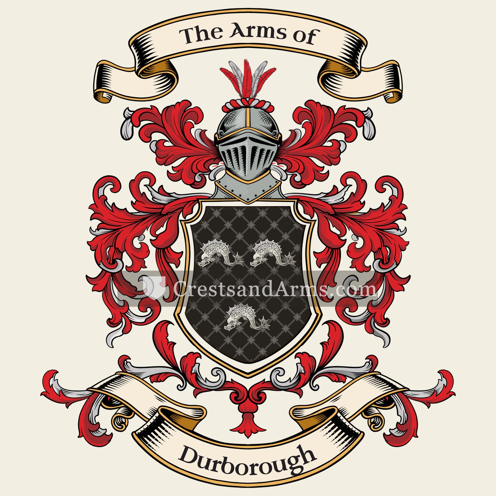 The Durborough coat of arms, drawn from the recorded blazon