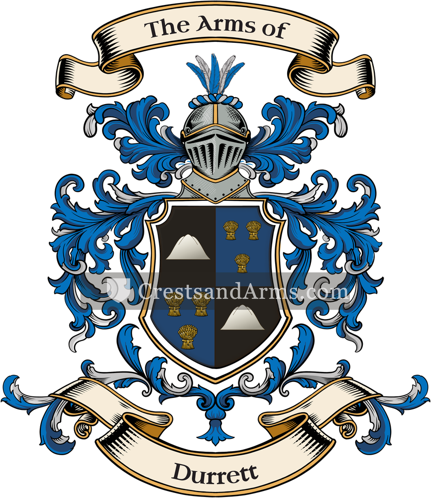 The Durrett coat of arms, drawn from the recorded blazon