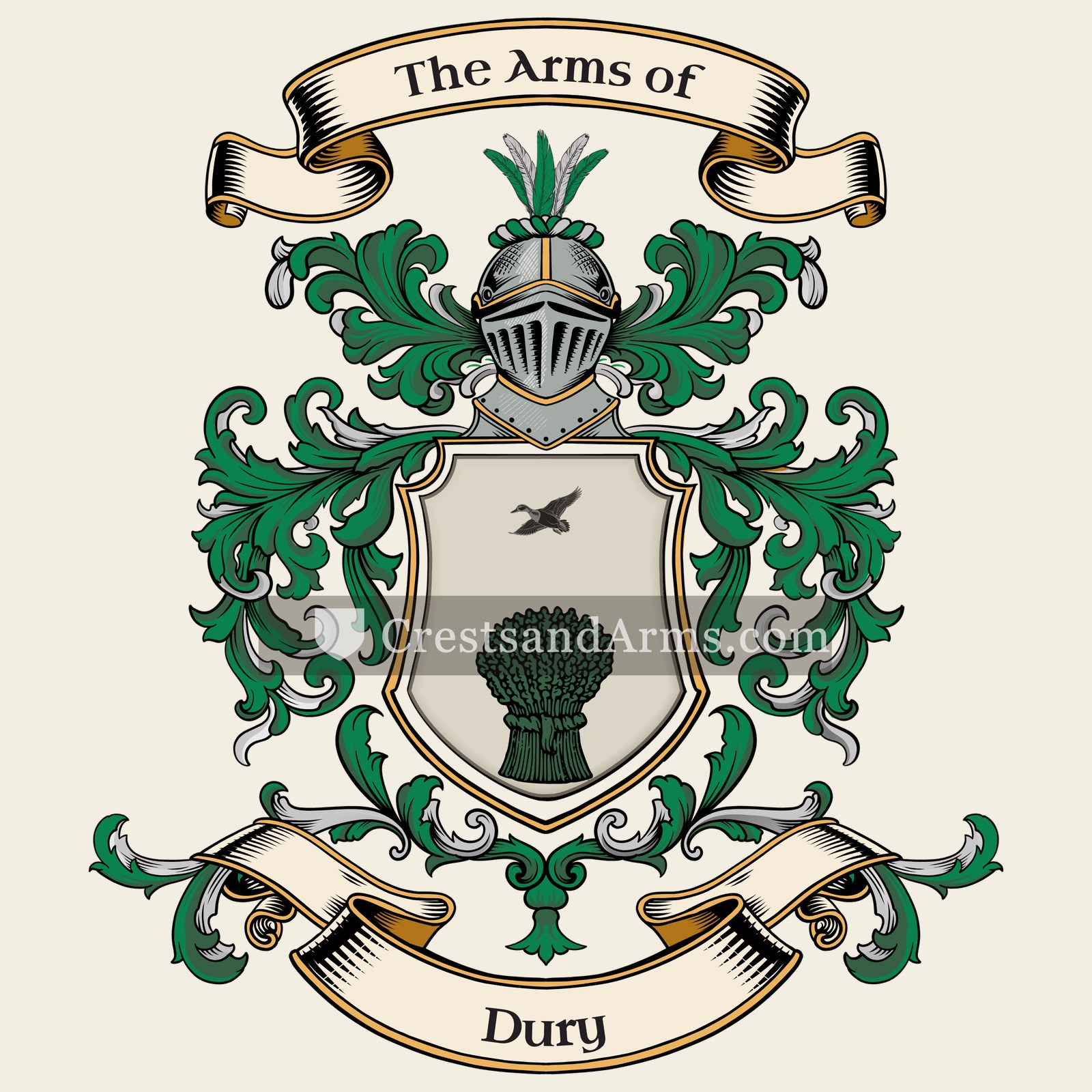 The Dury coat of arms, drawn from the recorded blazon