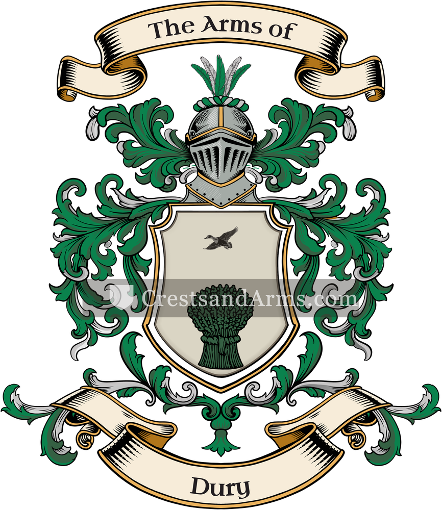 The Dury coat of arms, drawn from the recorded blazon