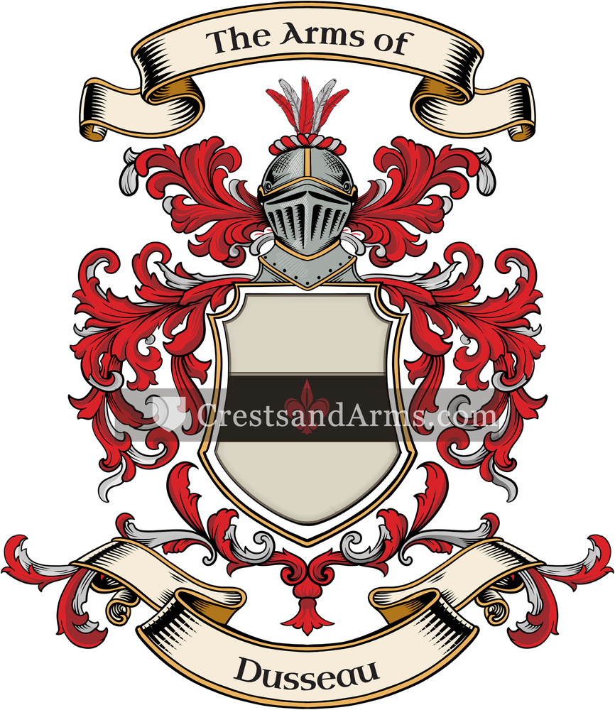 The Dusseau coat of arms, drawn from the recorded blazon