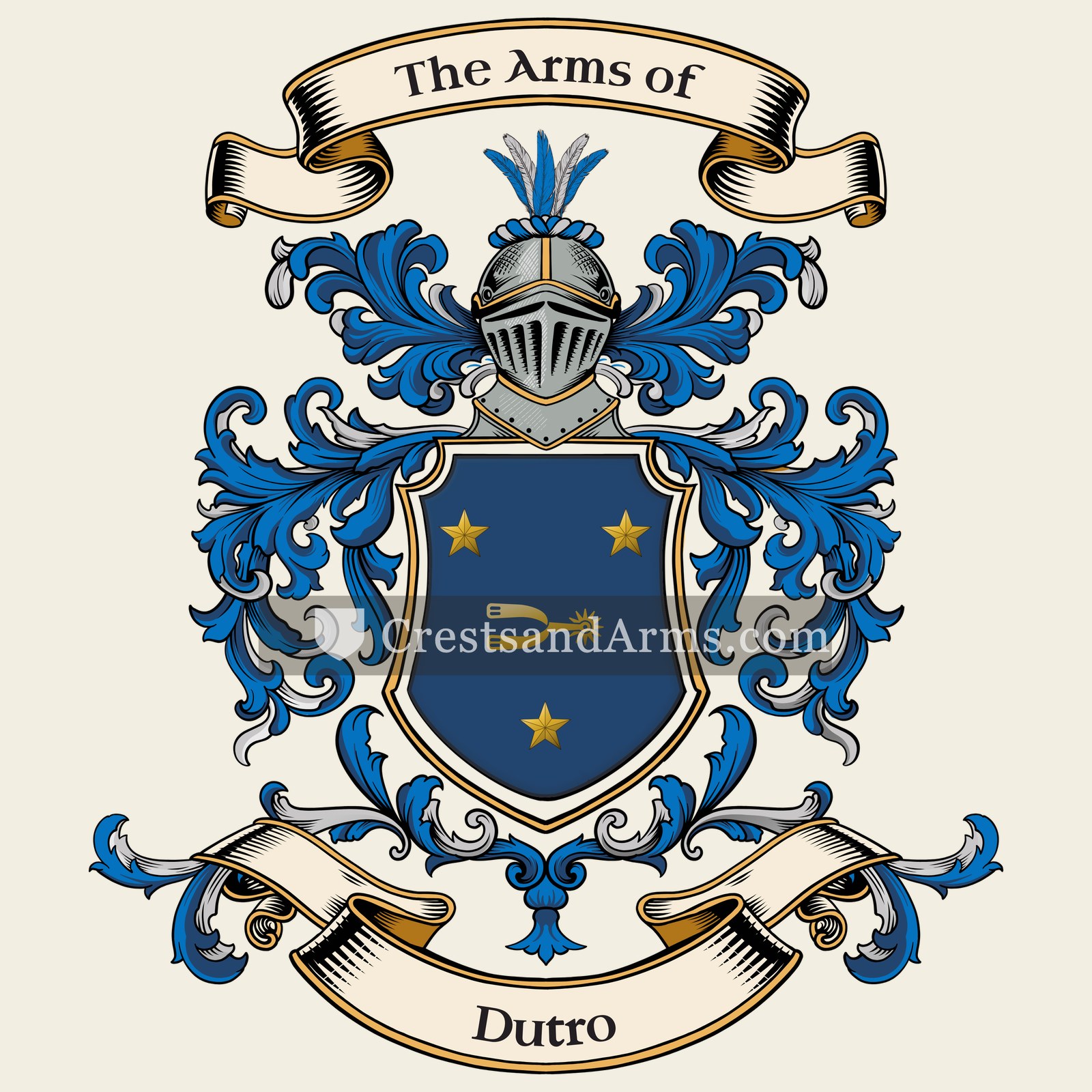 The Dutro coat of arms, drawn from the recorded blazon