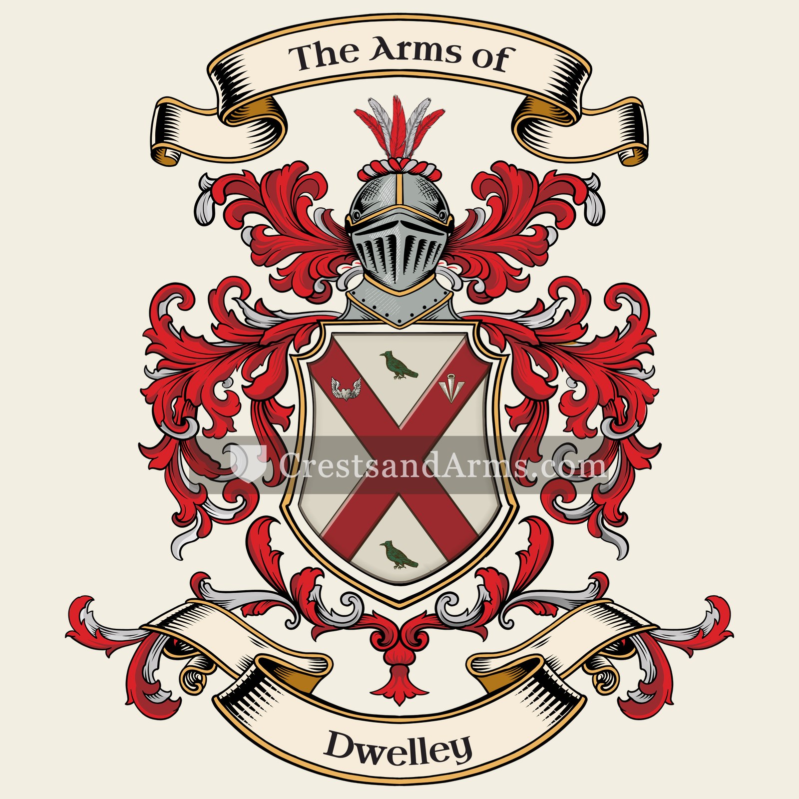 The Dwelley coat of arms, drawn from the recorded blazon