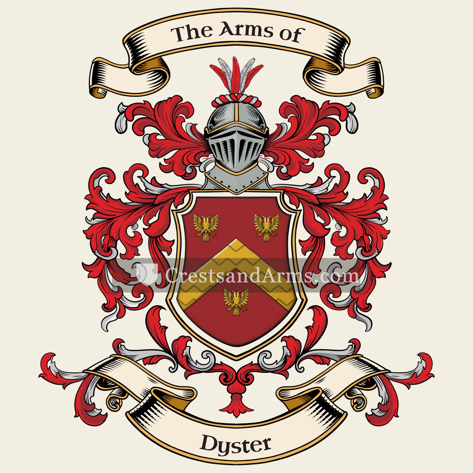 The Dyster coat of arms, drawn from the recorded blazon