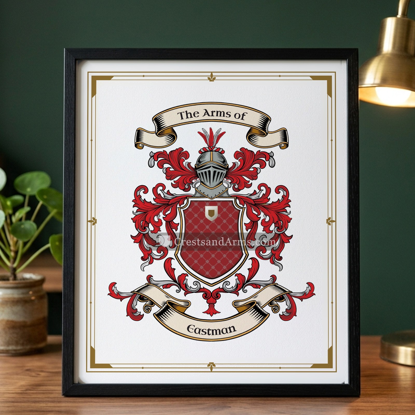 The Eastman arms on the framed, black wood