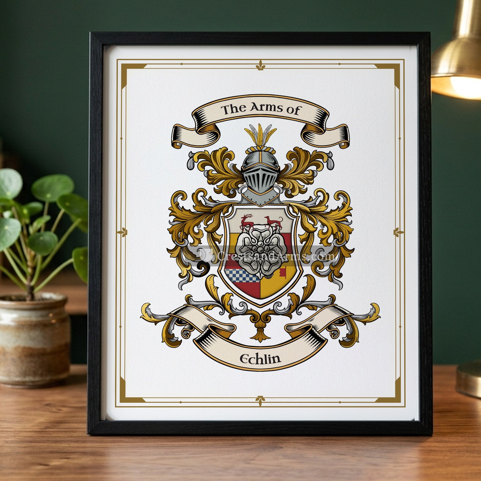 The Echlin arms on the framed, black wood