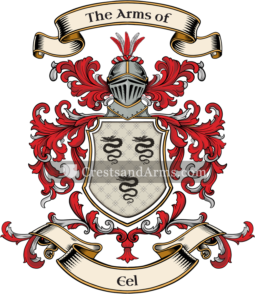 The Eel coat of arms, drawn from the recorded blazon