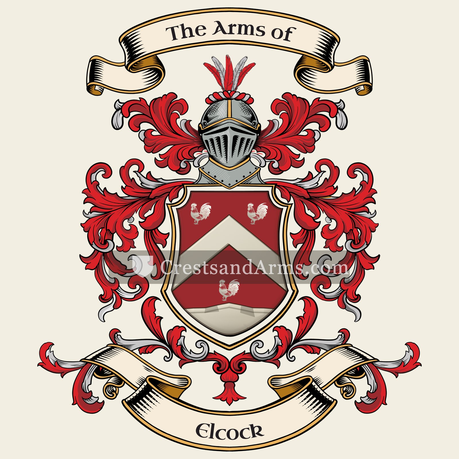 The Elcock coat of arms, drawn from the recorded blazon