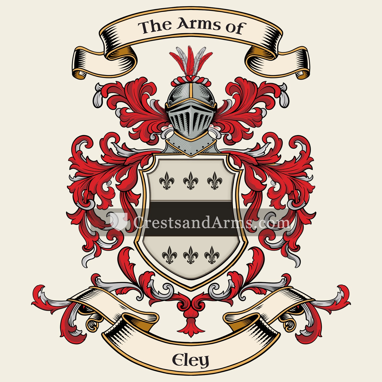 The Eley coat of arms, drawn from the recorded blazon
