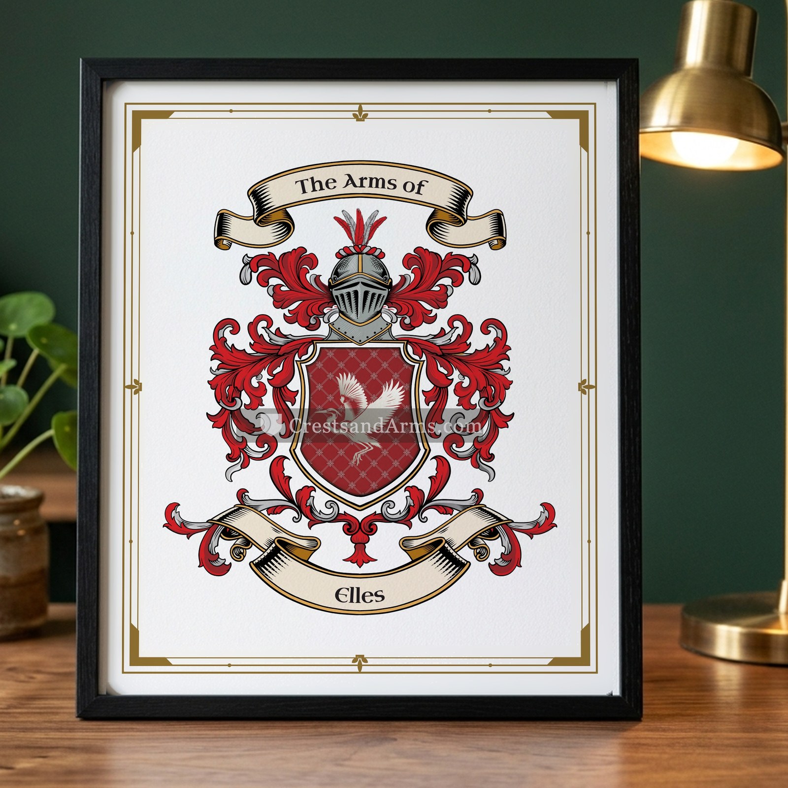 The Elles arms on the framed, black wood