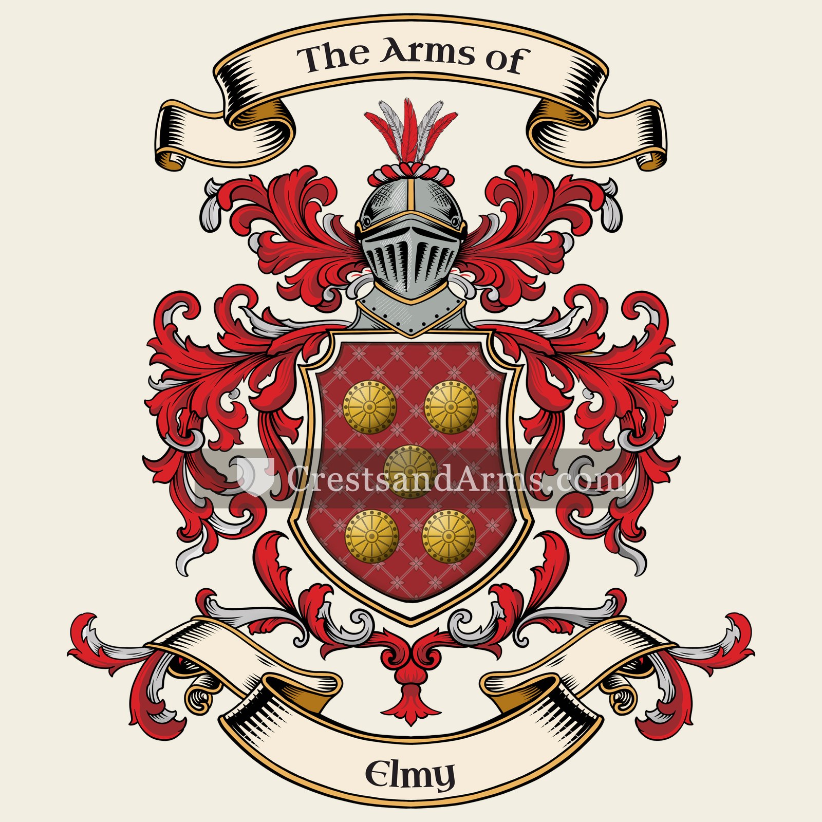 The Elmy coat of arms, drawn from the recorded blazon