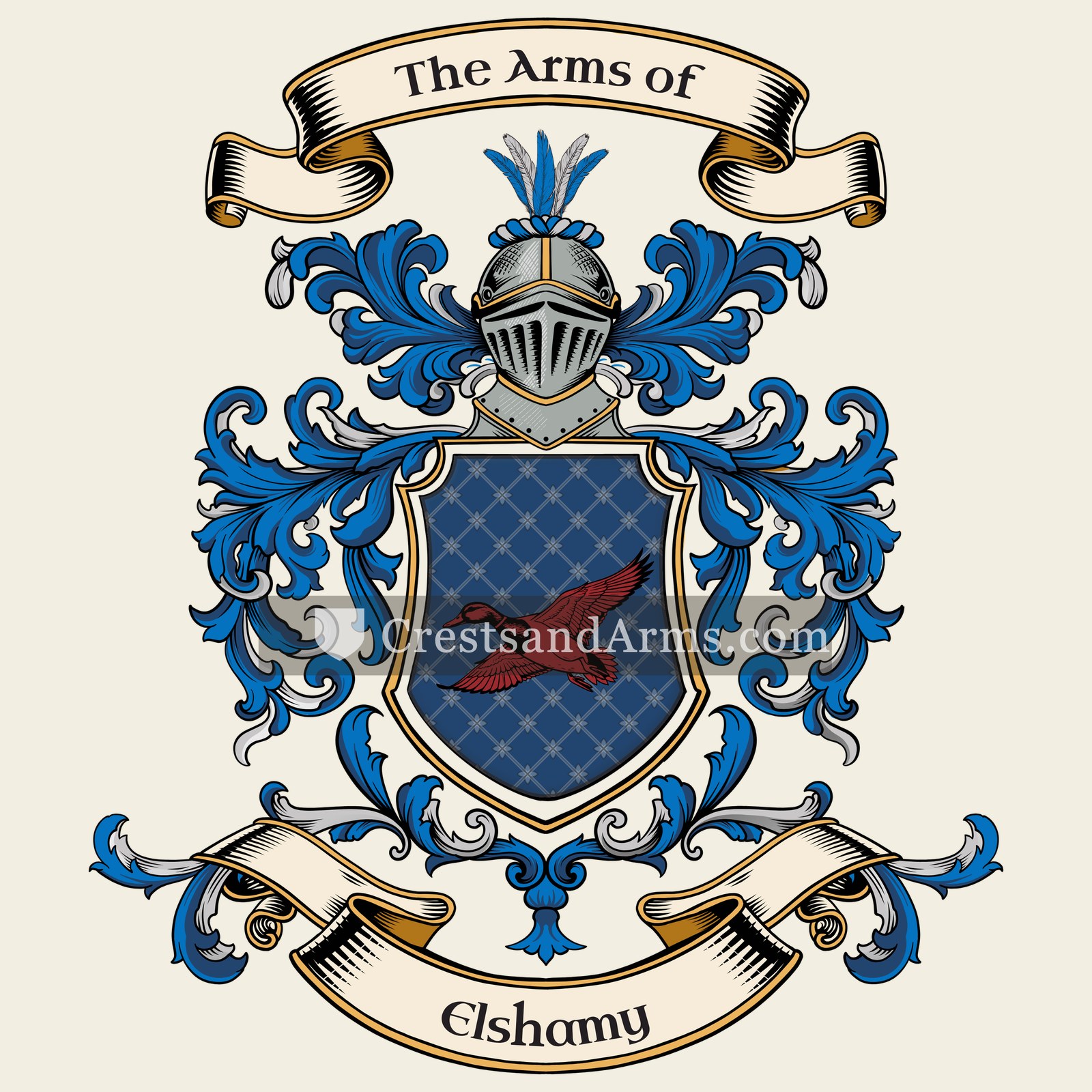 The Elshamy coat of arms, drawn from the recorded blazon