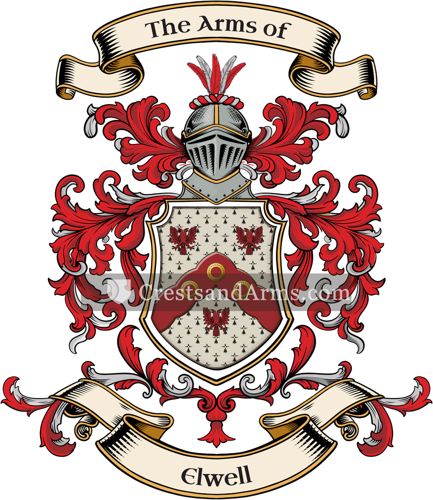 The Elwell coat of arms, drawn from the recorded blazon