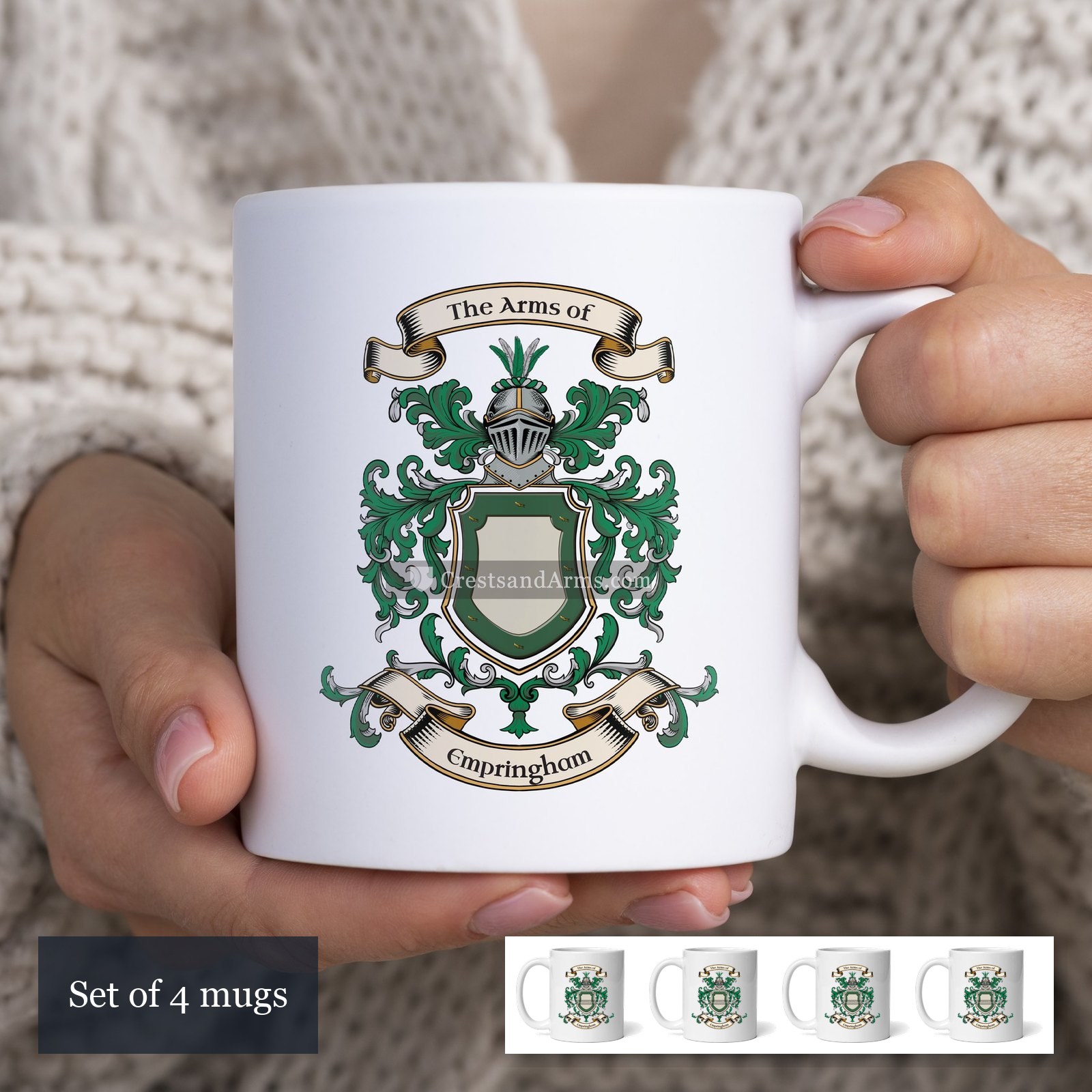 The Empringham arms on the set of 4 mugs