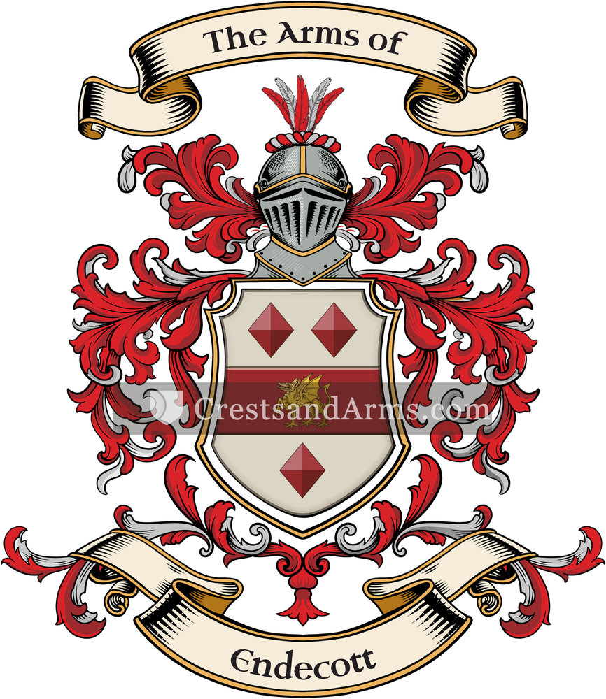 The Endecott coat of arms, drawn from the recorded blazon