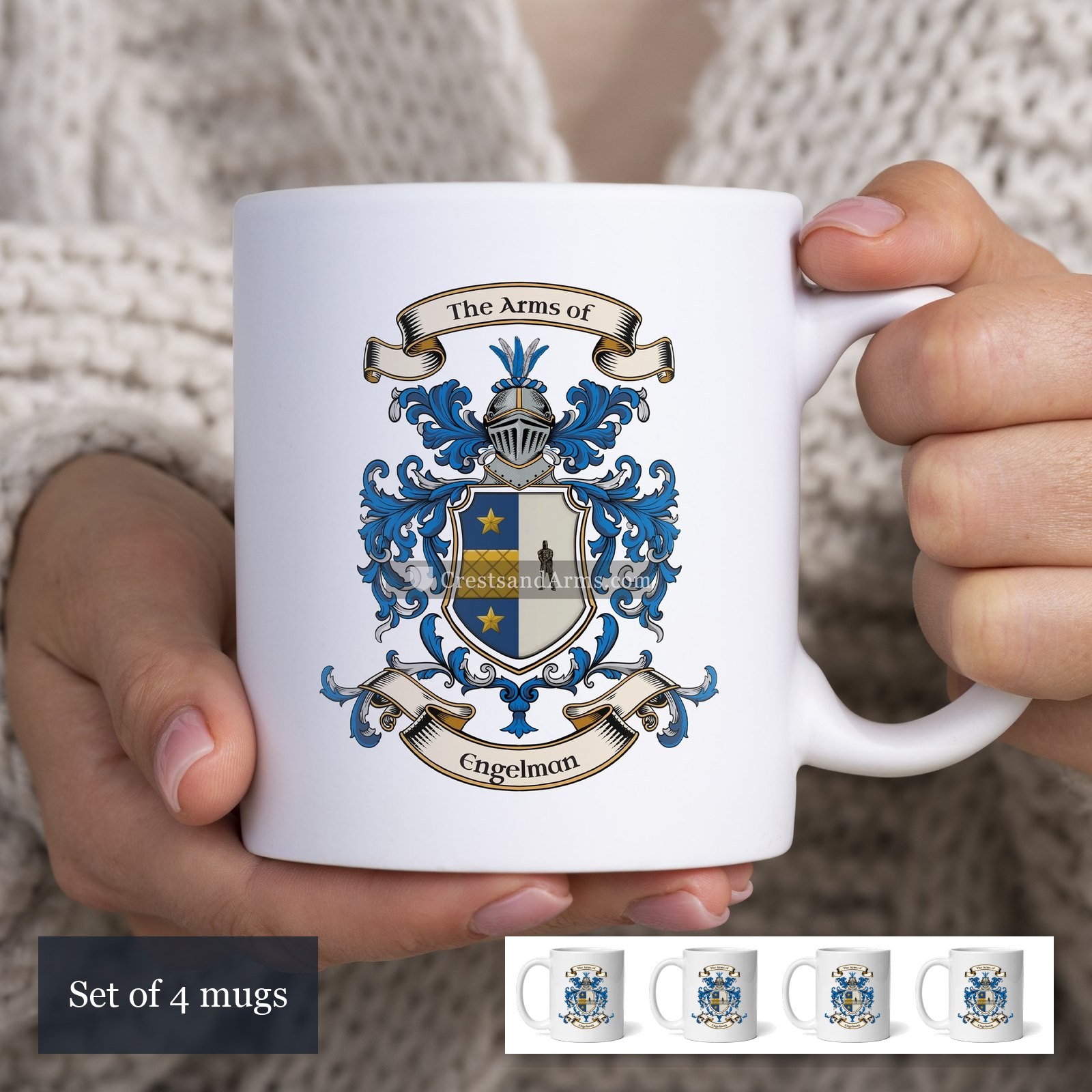 The Engelman arms on the set of 4 mugs