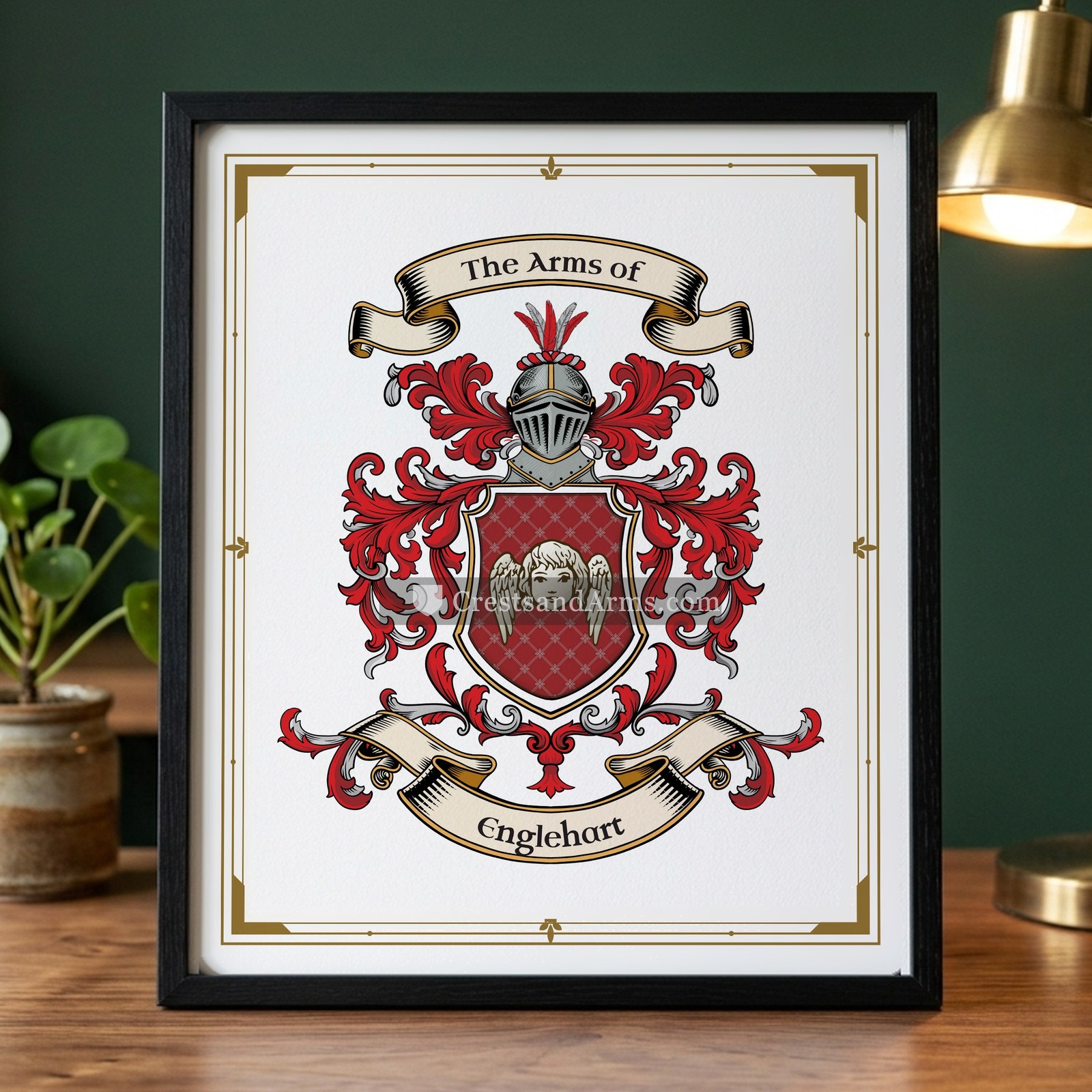 The Englehart arms on the framed, black wood
