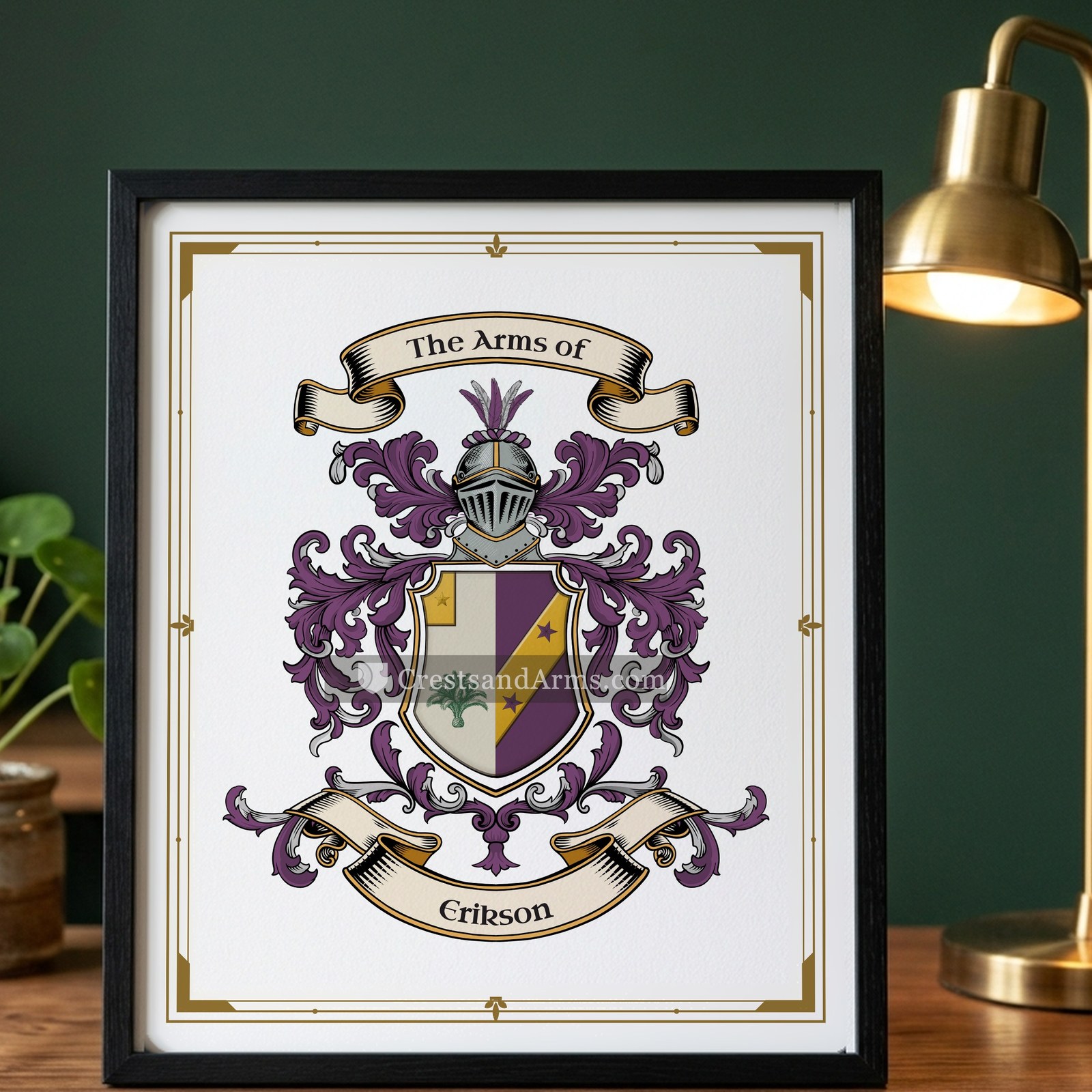 The Erikson arms on the framed, black wood