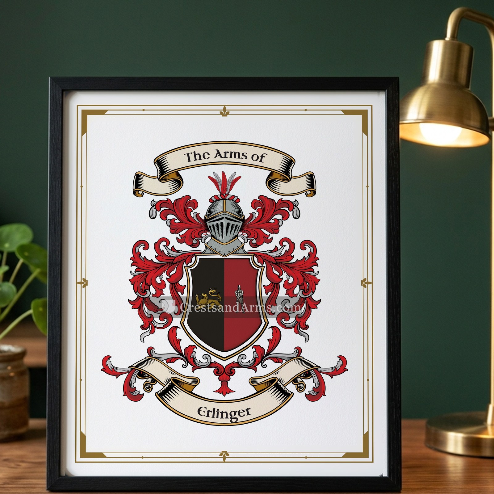 The Erlinger arms on the framed, black wood