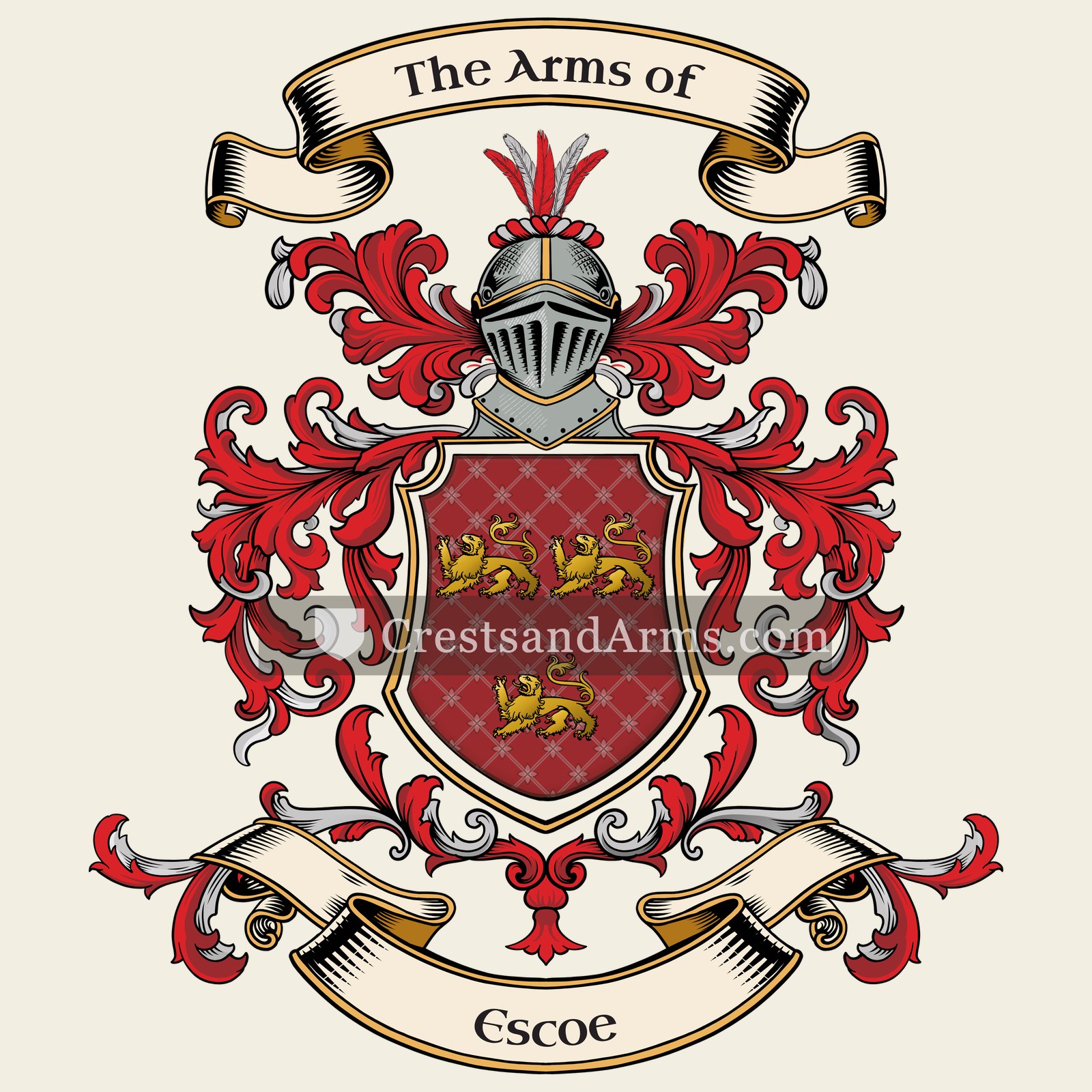 The Escoe coat of arms, drawn from the recorded blazon
