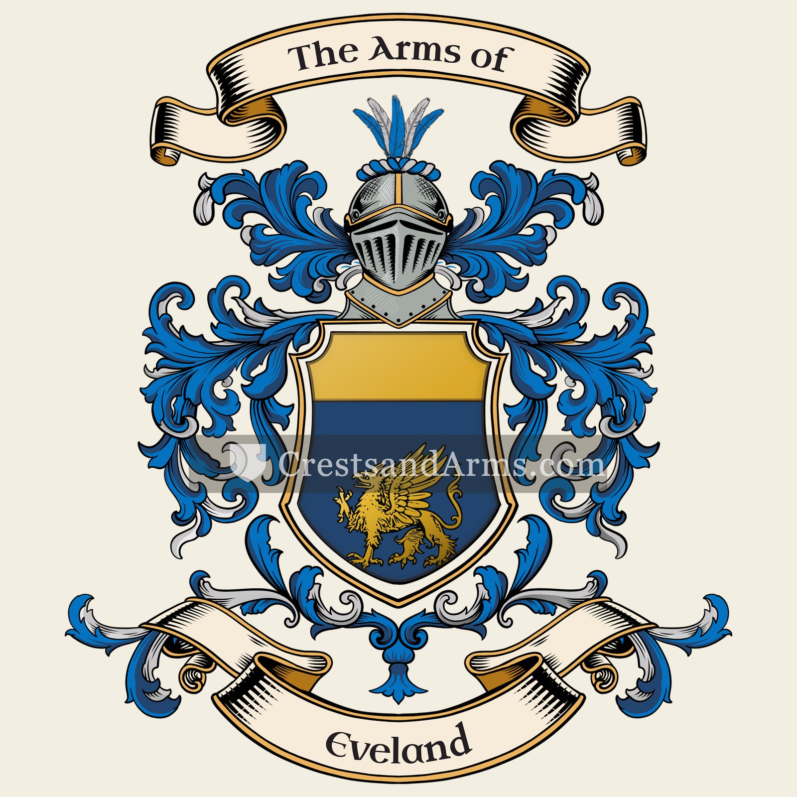 The Eveland coat of arms, drawn from the recorded blazon