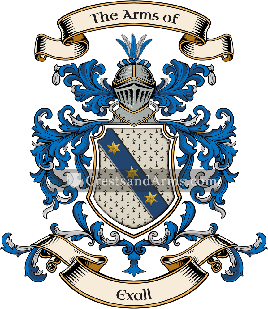 The Exall coat of arms, drawn from the recorded blazon