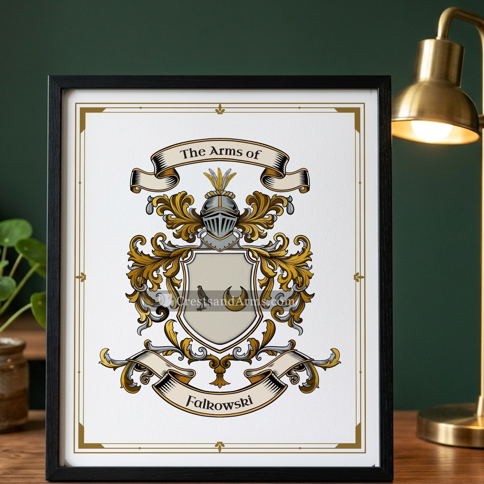 The Falkowski arms on the framed, black wood