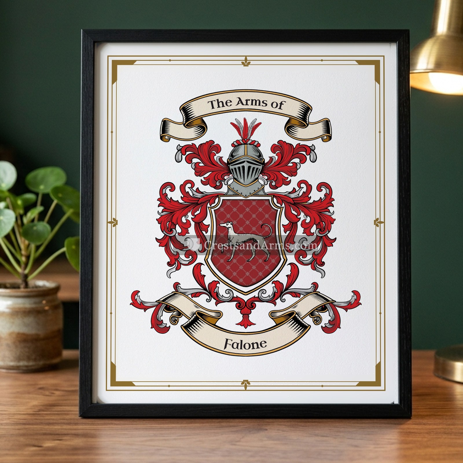 The Falone arms on the framed, black wood