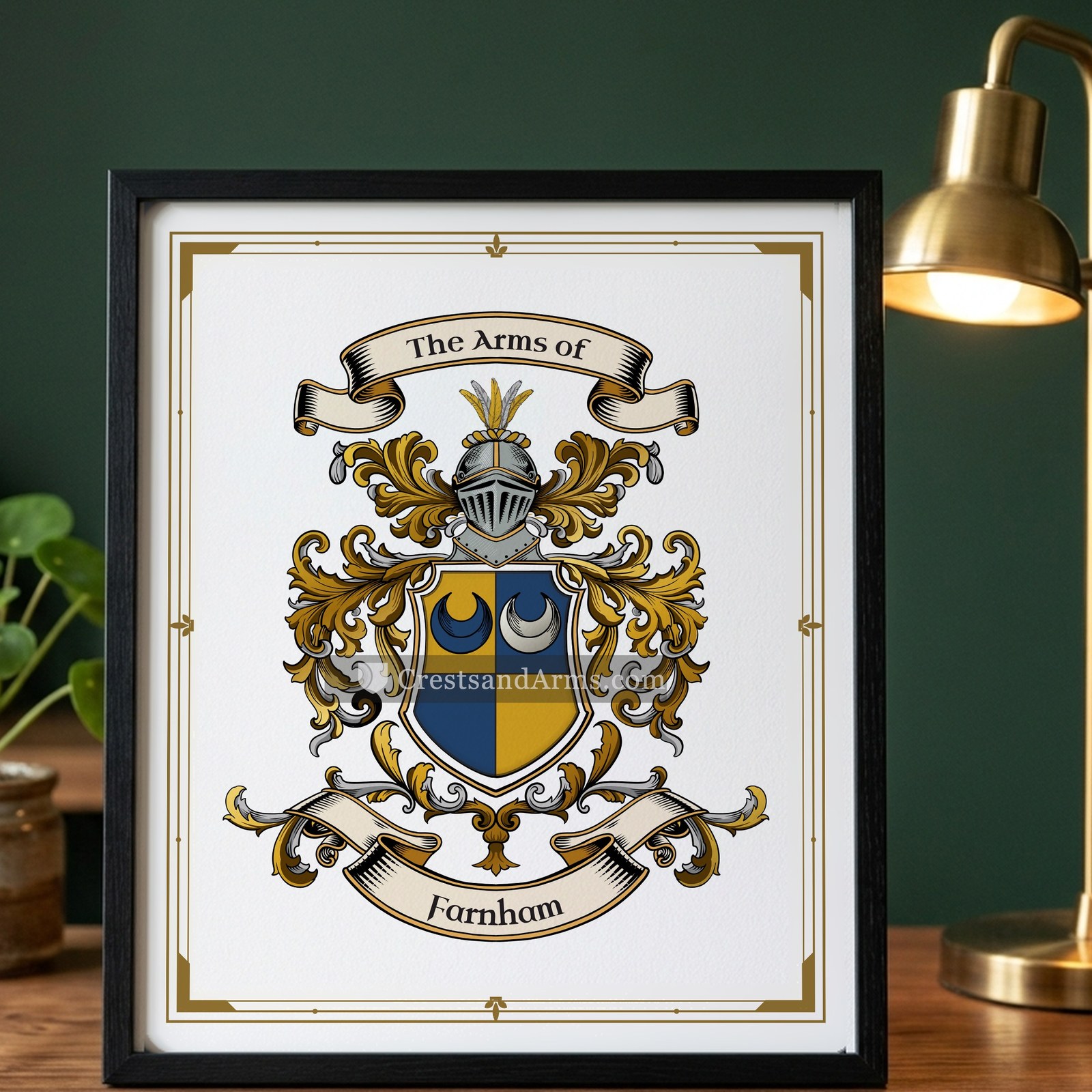 The Farnham arms on the framed, black wood