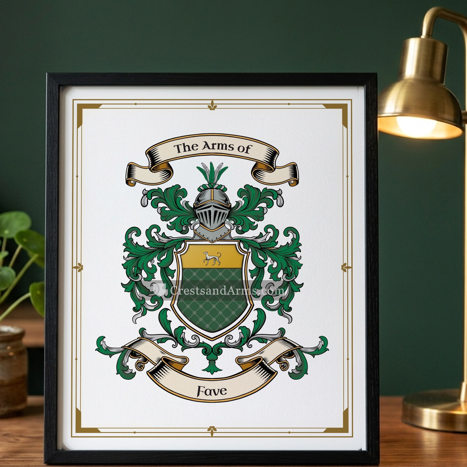 The Fave arms on the framed, black wood
