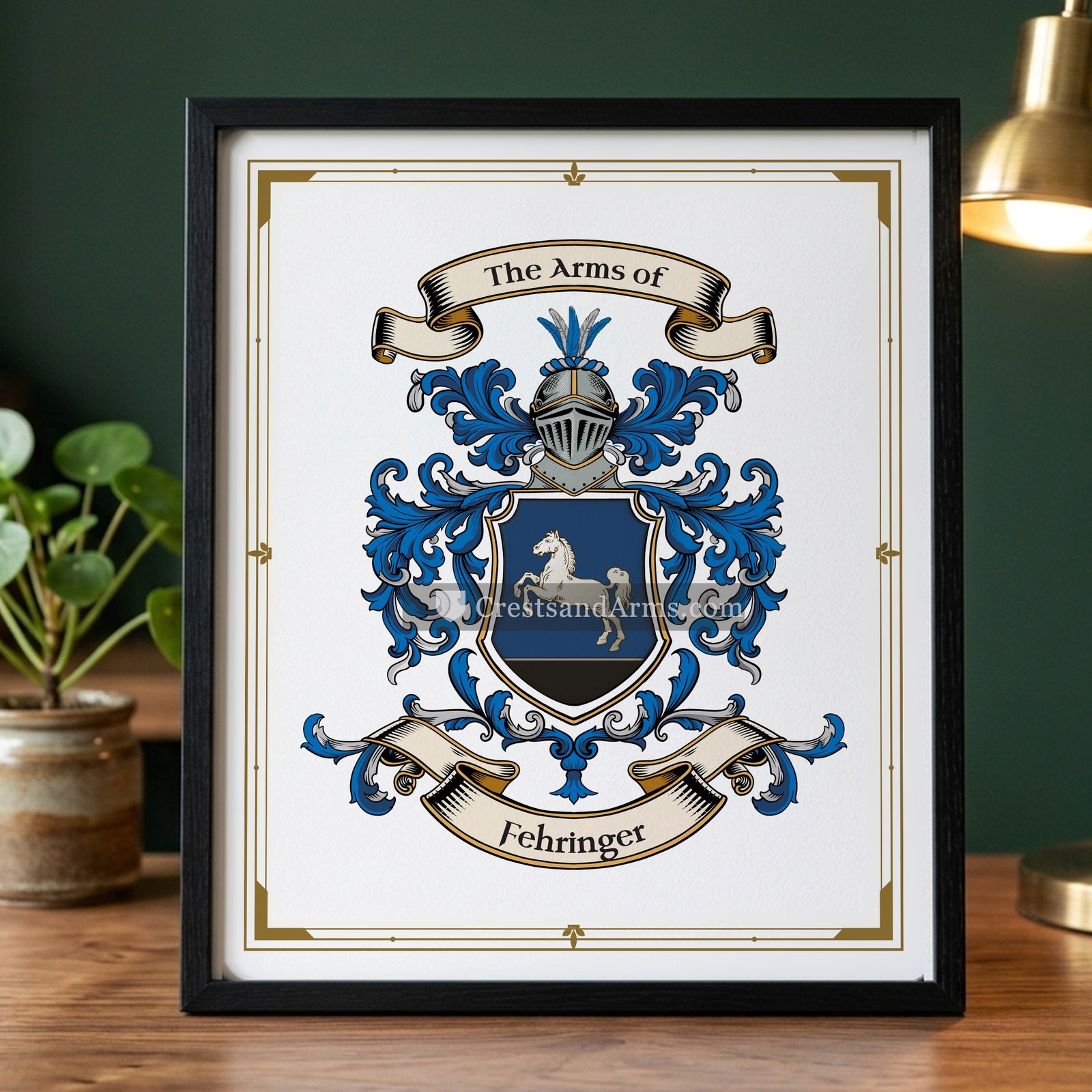 The Fehringer arms on the framed, black wood