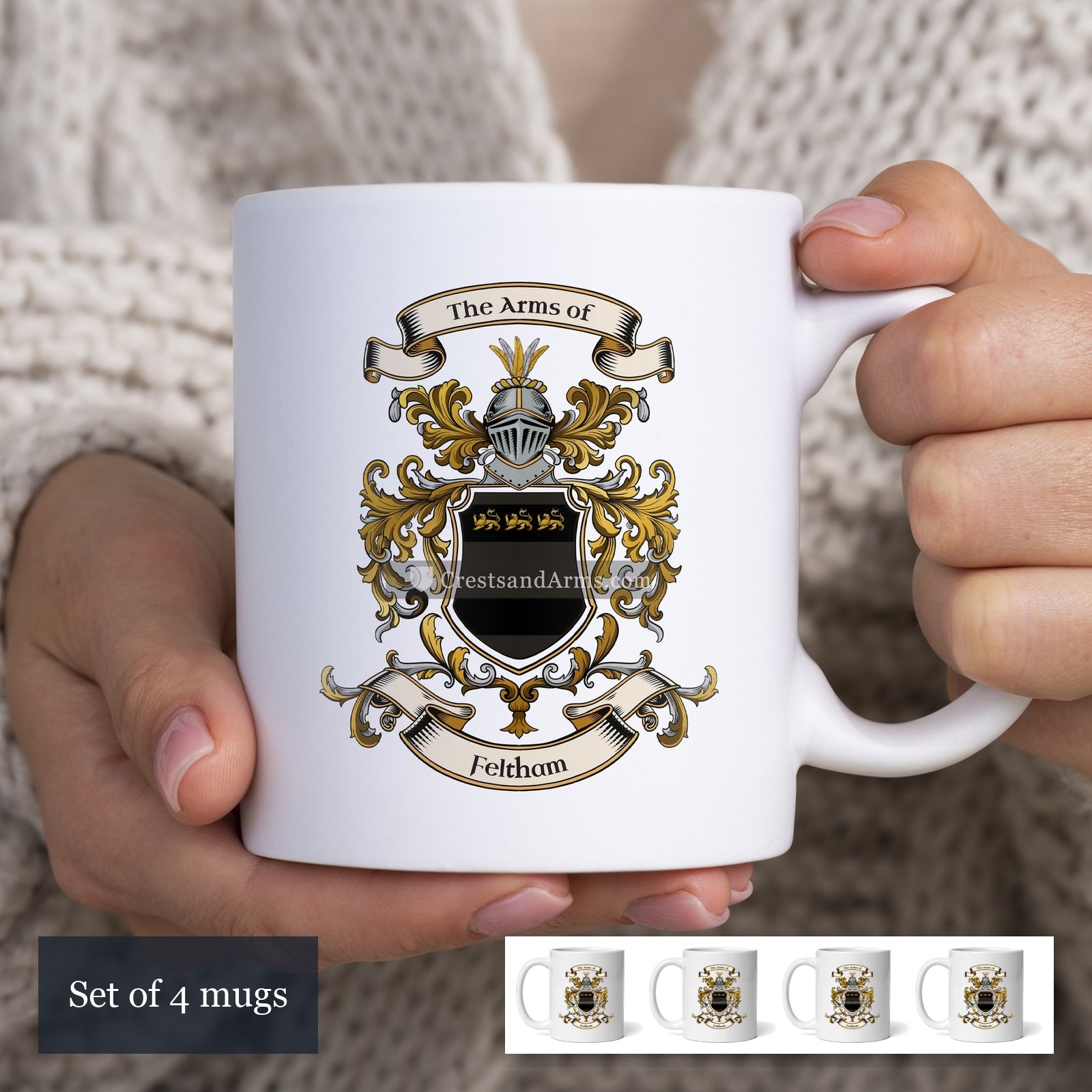 The Feltham arms on the set of 4 mugs