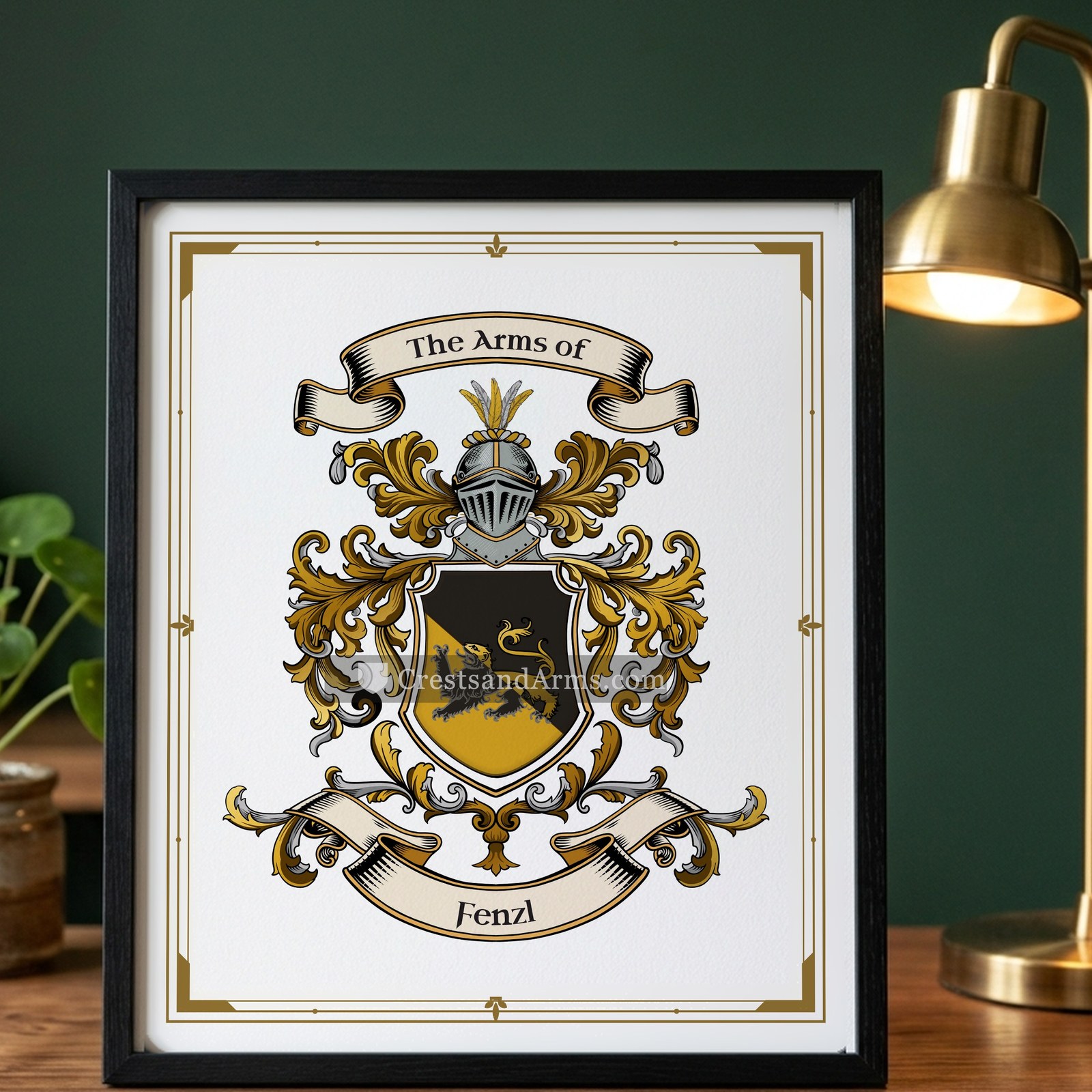The Fenzl arms on the framed, black wood