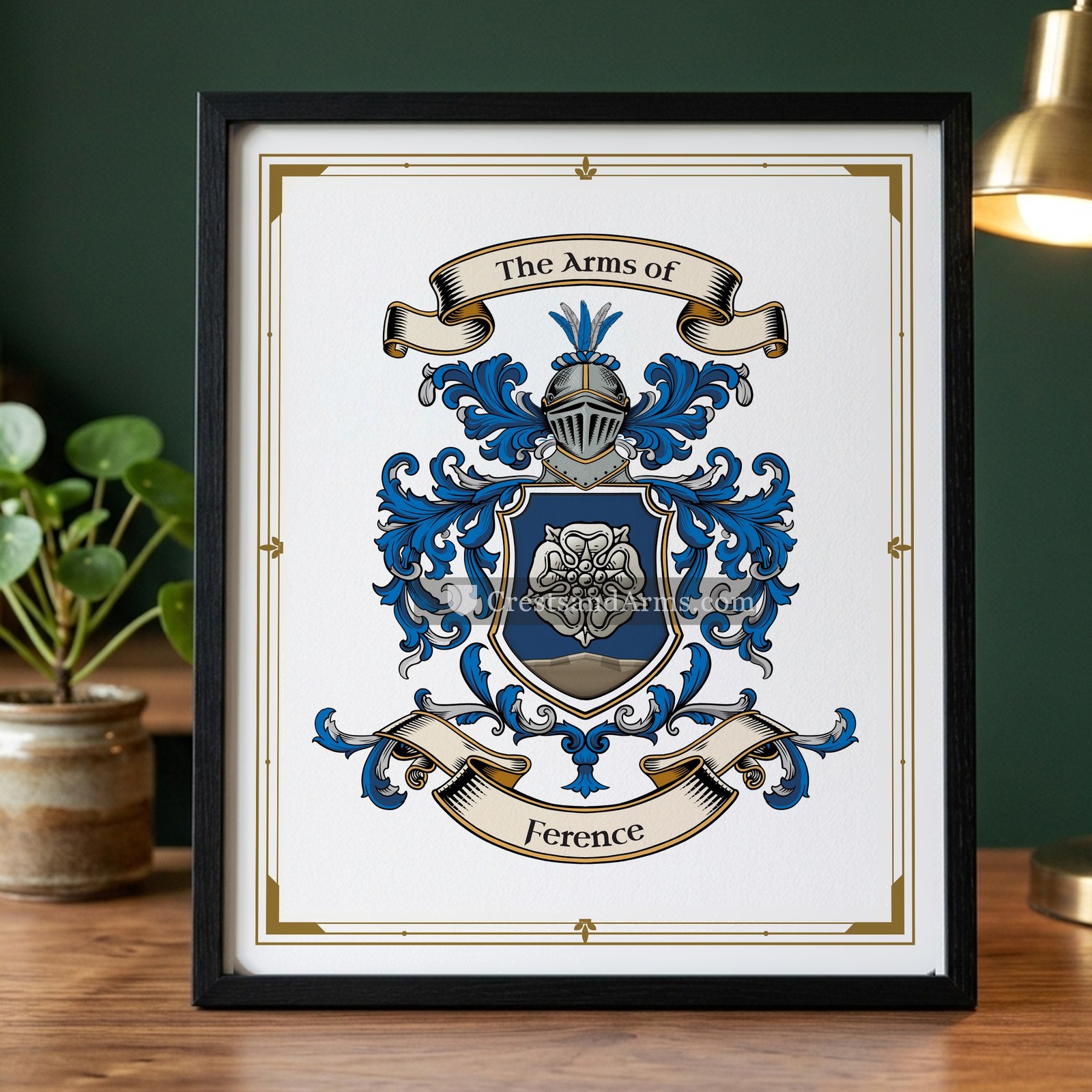 The Ference arms on the framed, black wood