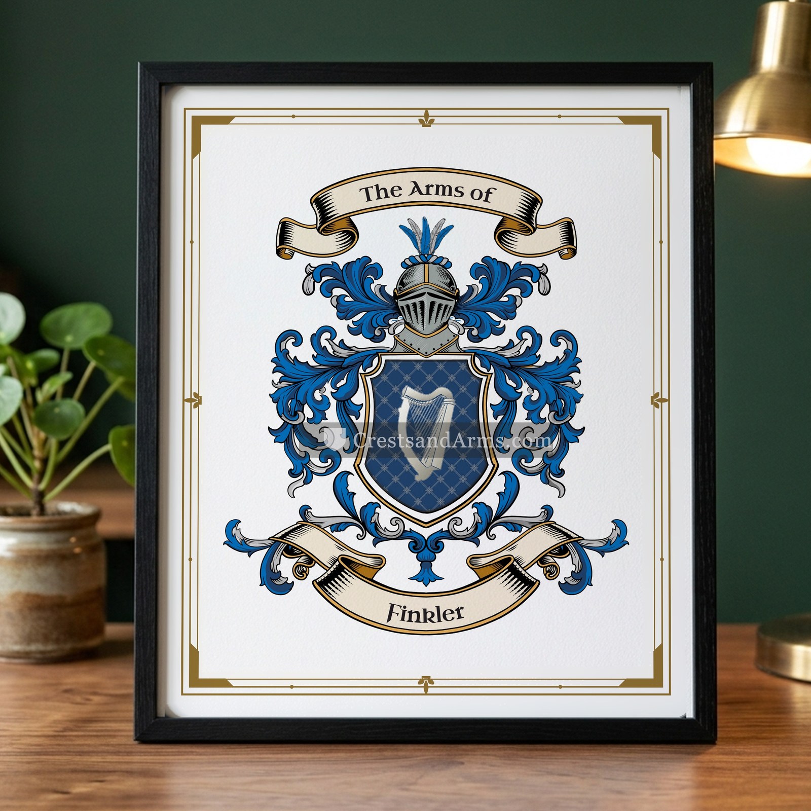 The Finkler arms on the framed, black wood