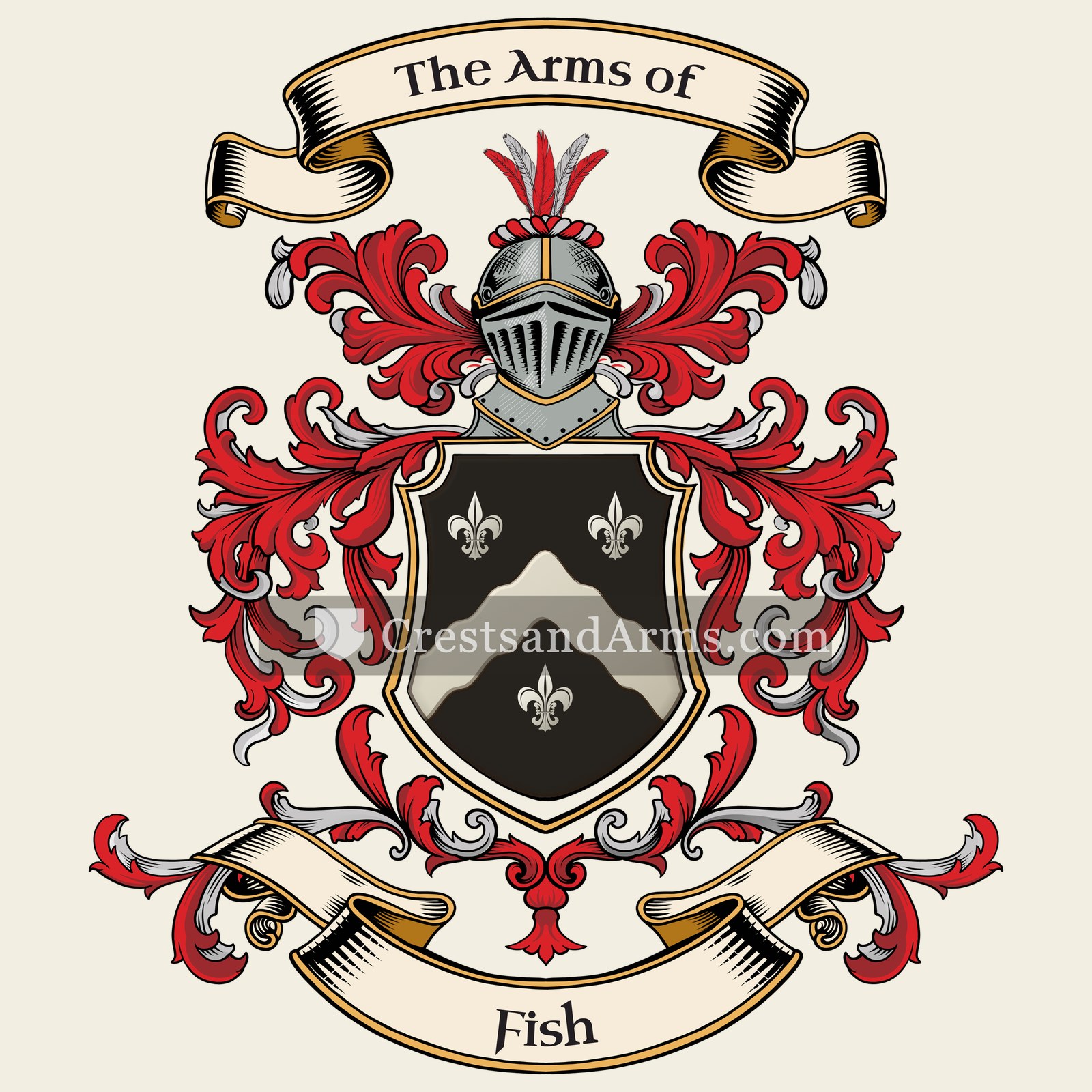 The Fish coat of arms, drawn from the recorded blazon