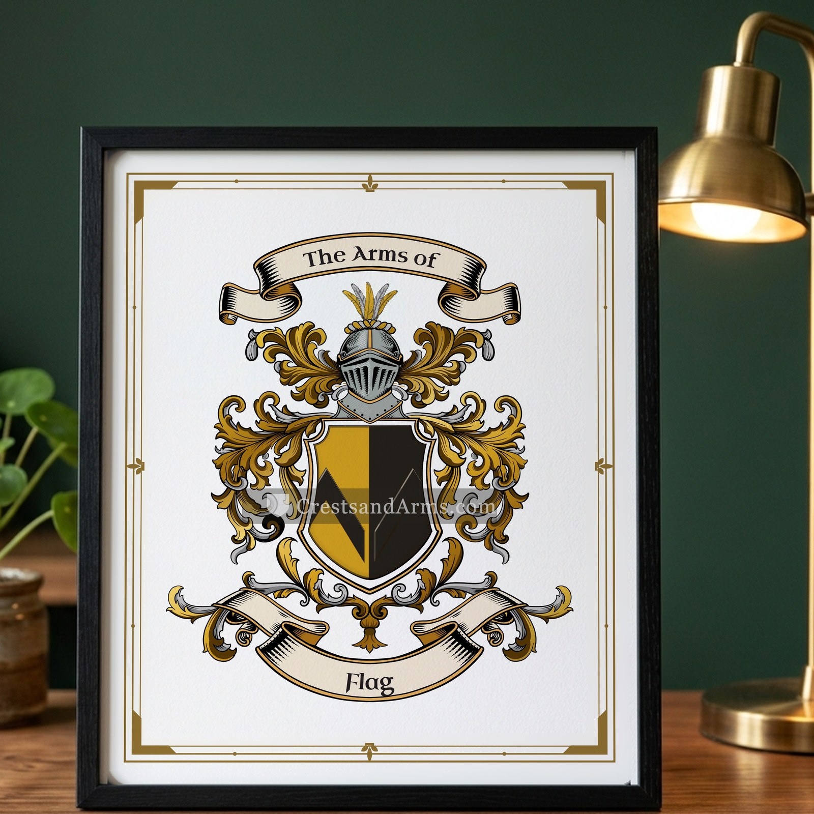 The Flag arms on the framed, black wood