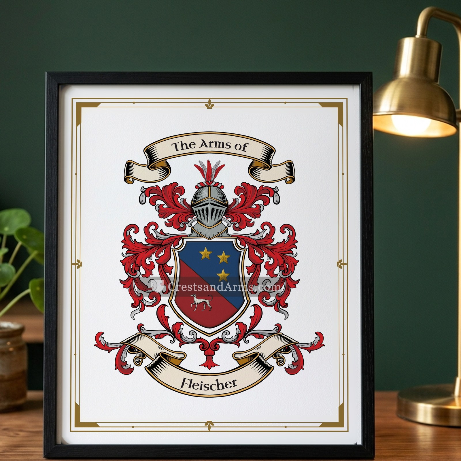 The Fleischer arms on the framed, black wood