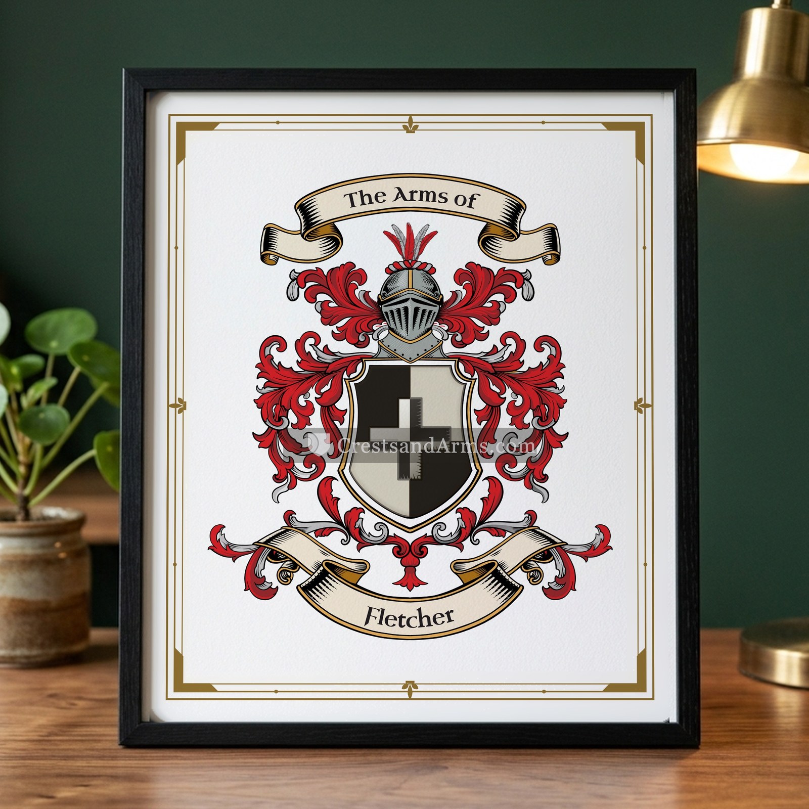 The Fletcher arms on the framed, black wood