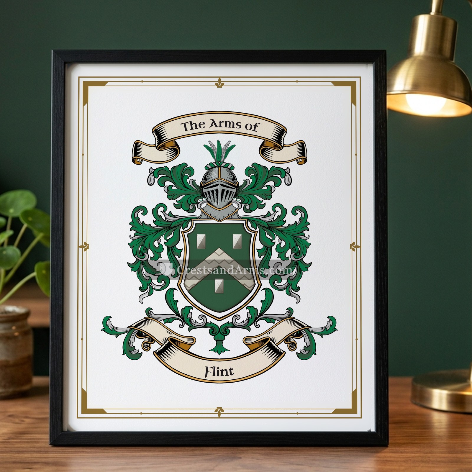 The Flint arms on the framed, black wood