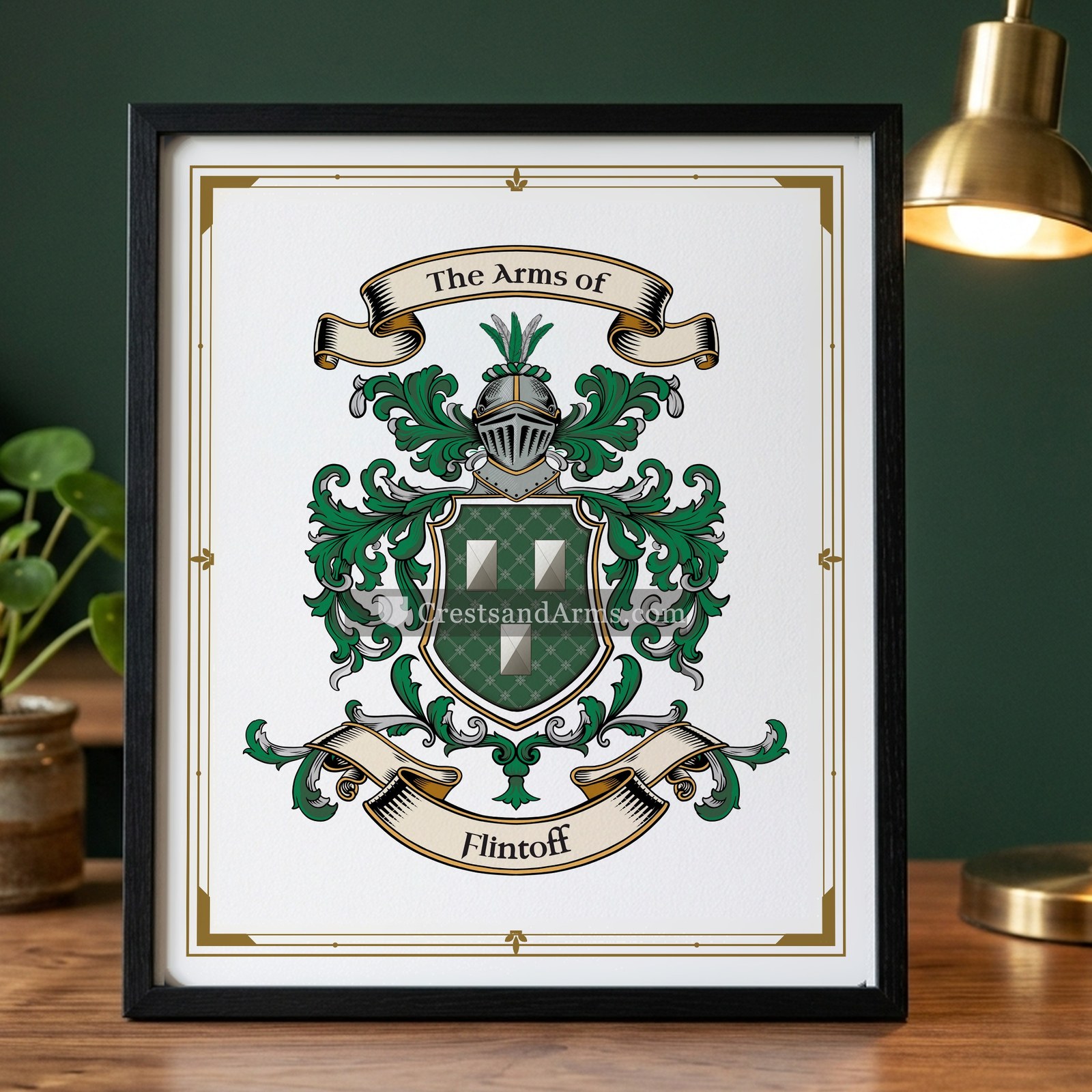 The Flintoff arms on the framed, black wood
