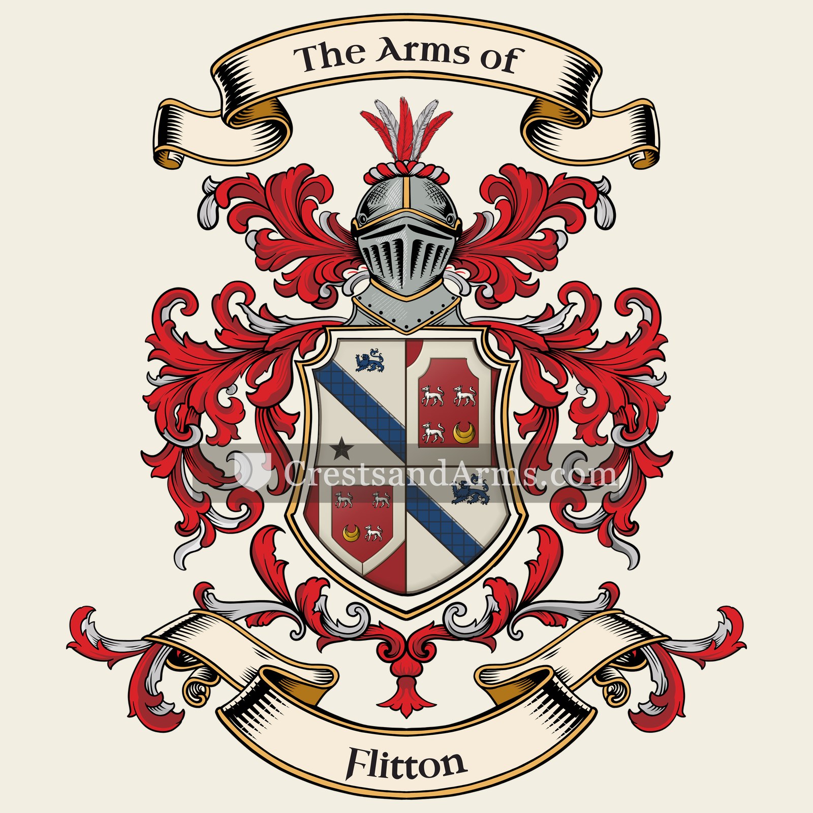 The Flitton coat of arms, drawn from the recorded blazon