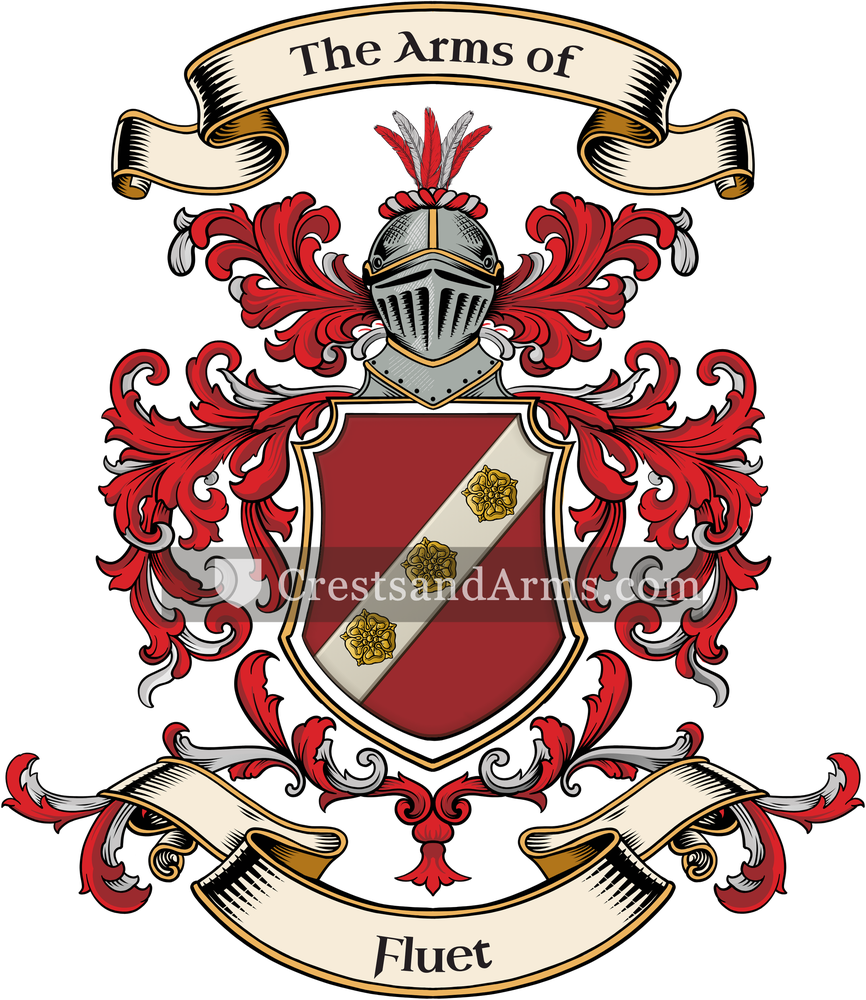 The Fluet coat of arms, drawn from the recorded blazon
