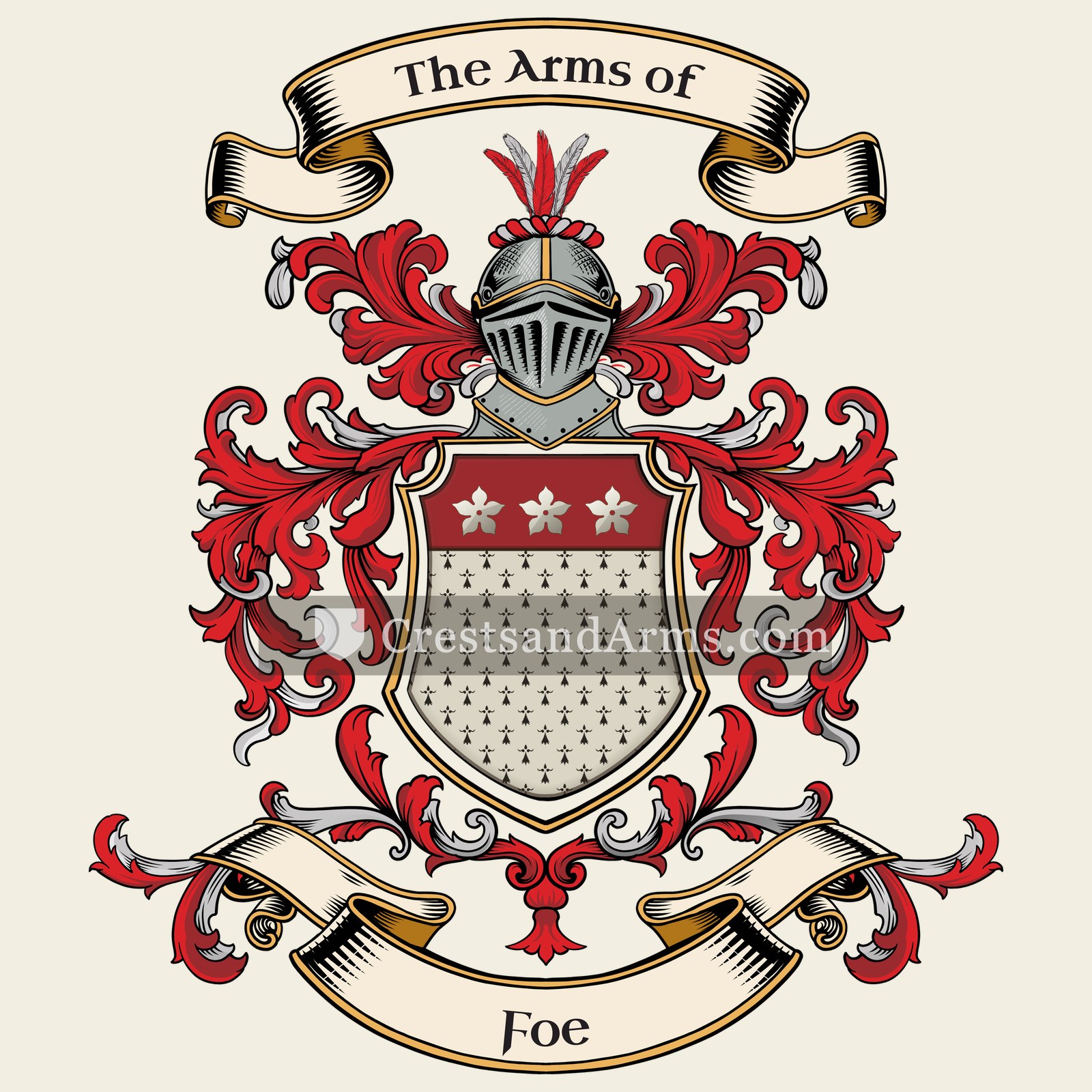 The Foe coat of arms, drawn from the recorded blazon