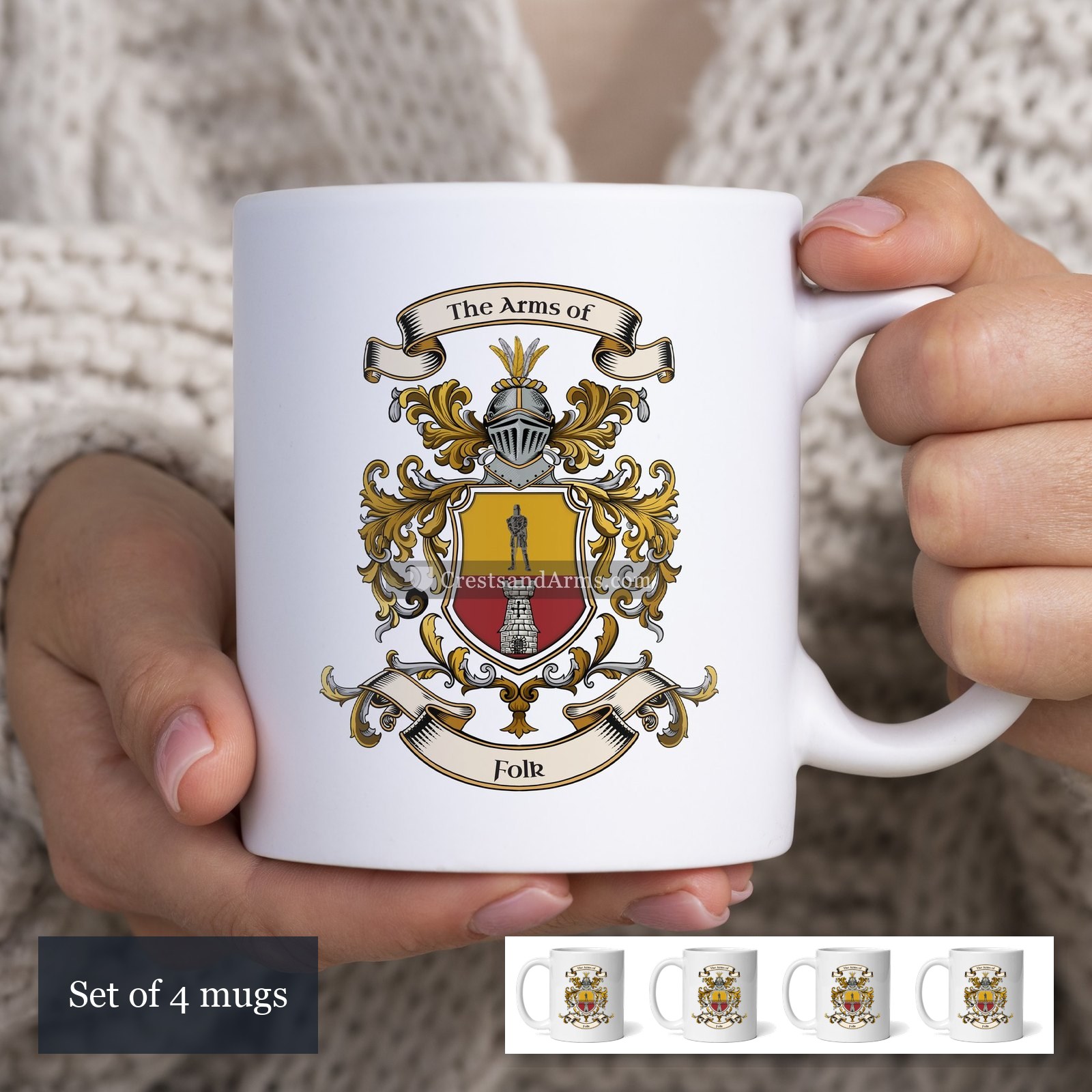 The Folk arms on the set of 4 mugs