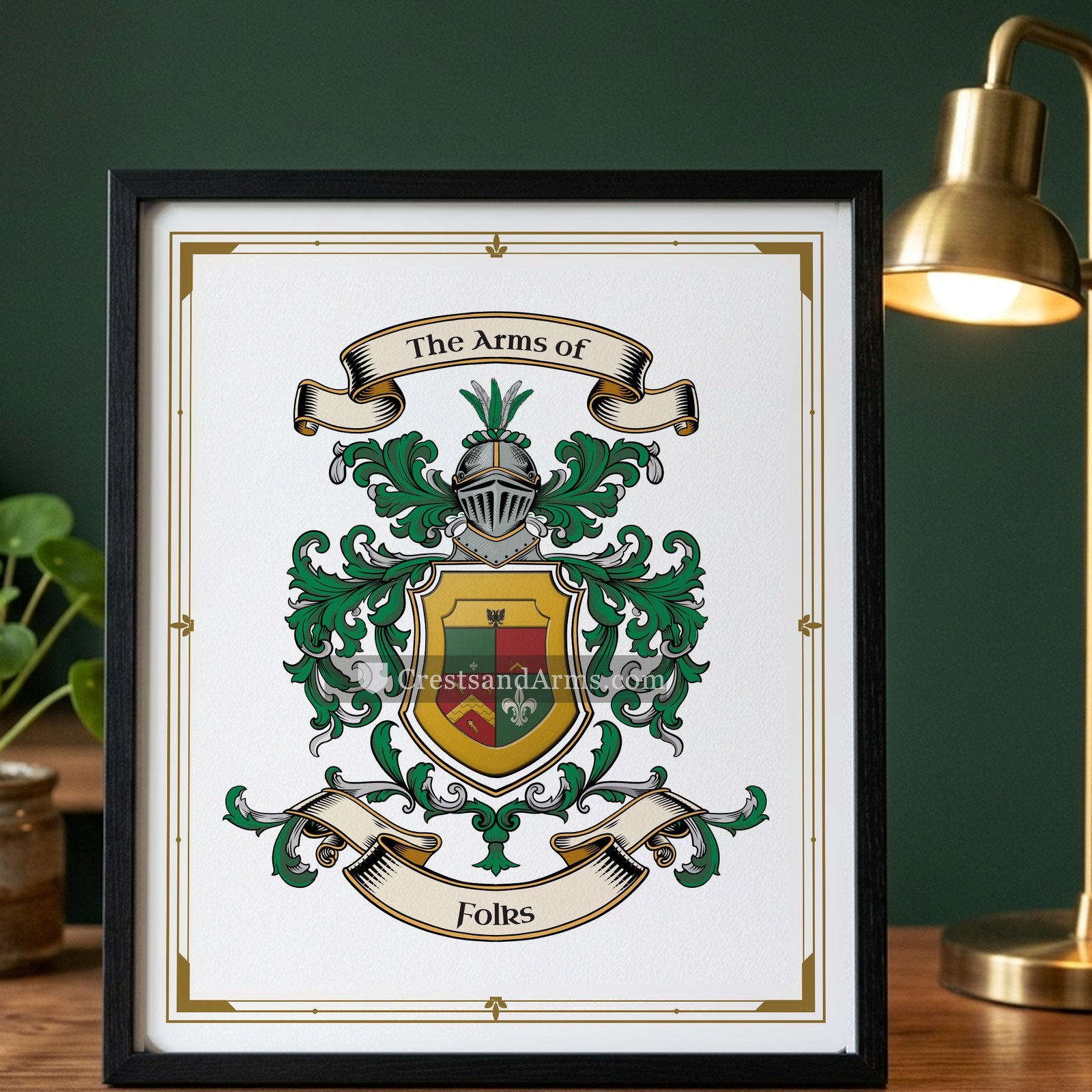 The Folks arms on the framed, black wood