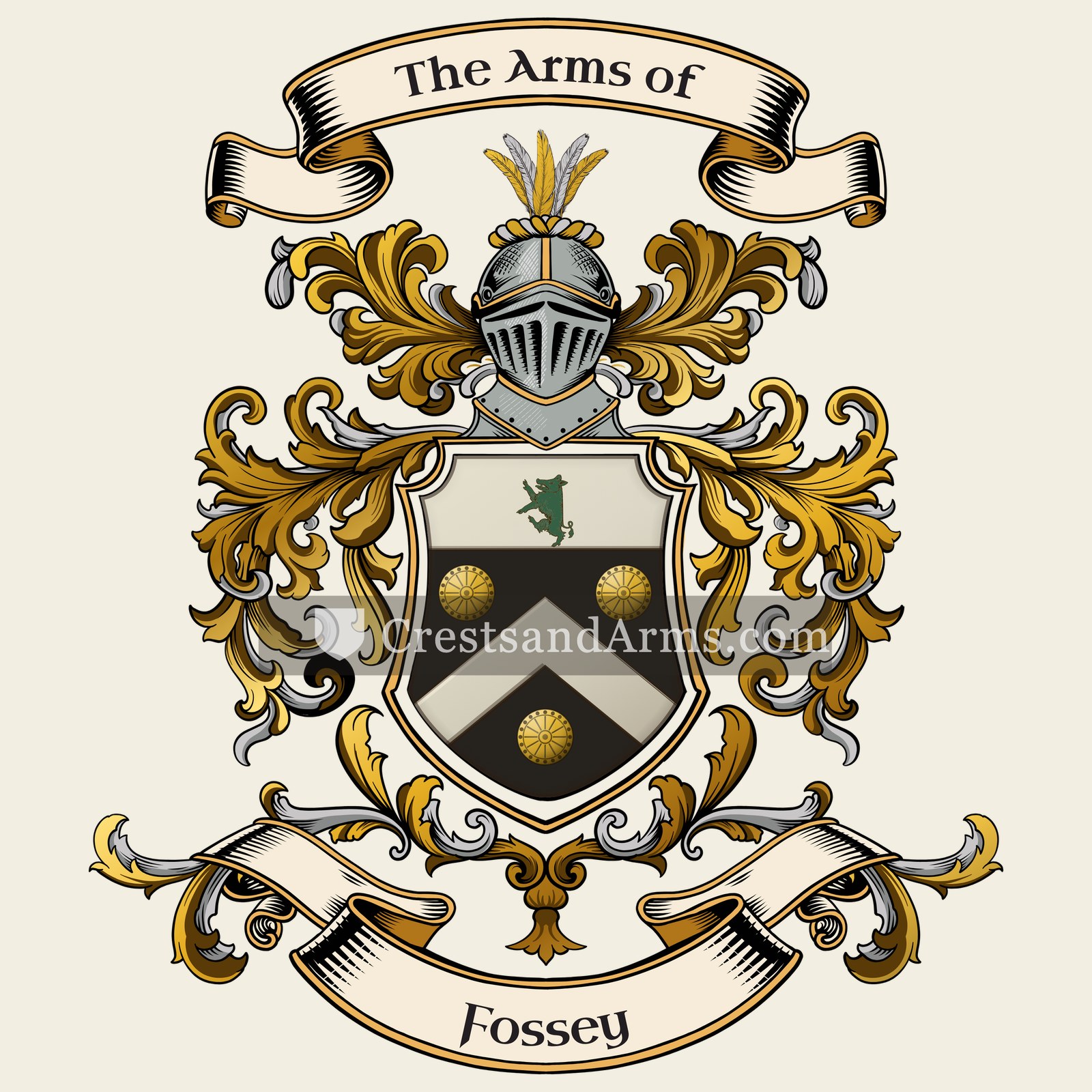 The Fossey coat of arms, drawn from the recorded blazon