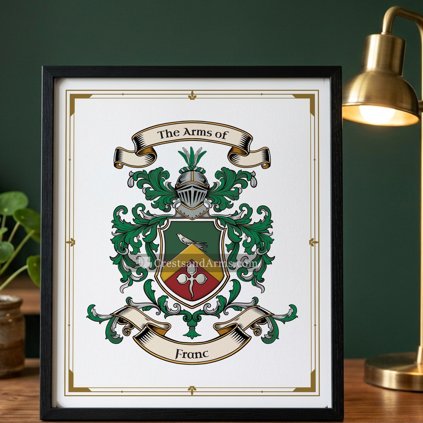 The Franc arms on the framed, black wood